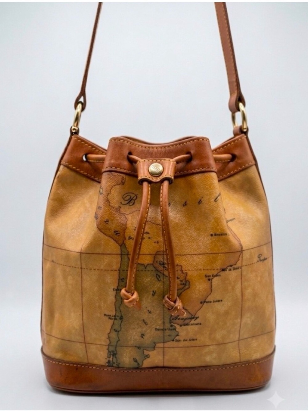 Alviero Martini Brown and Tan Map-Print Drawstring Crossbody Bag